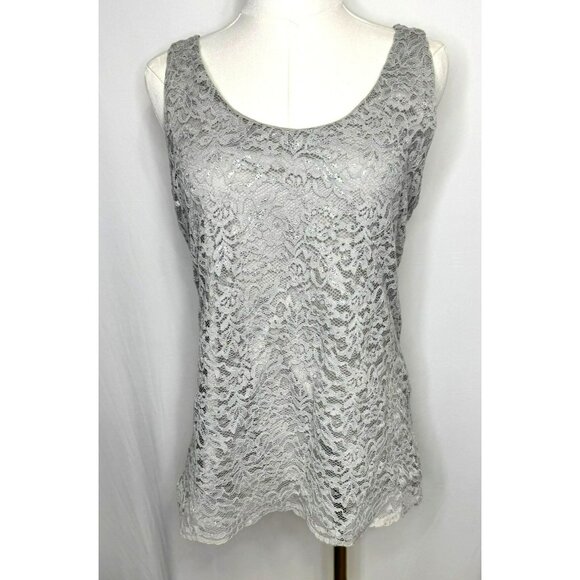 Ann Taylor Loft Gray Lace Sleeveless Top M Medium Metallic Accents Scalloped Hem - Picture 1 of 9